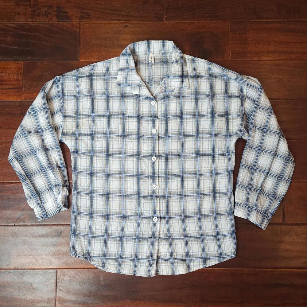 Classic Fashion Collection White Blue Plaid Button Down 3/4 Sleeve Top Women's M